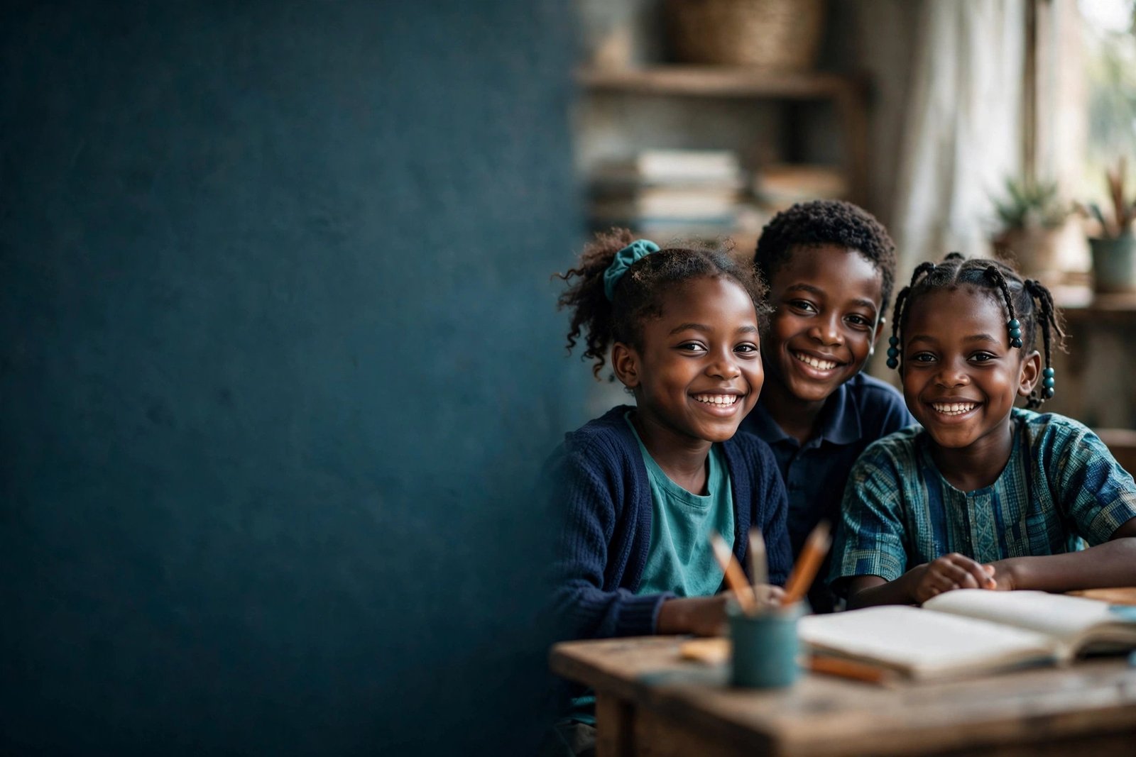 Three smiling children sitting together in a classroom